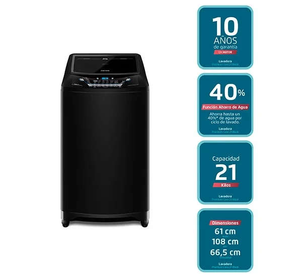 LAVADORA CARGA SUPERIOR FENSA PREMIUM CARE 21 21KG NEGRO